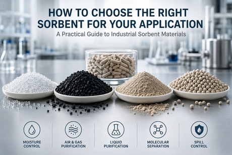 Industrial sorbent materials including silica gel, activated carbon, clay, activated alumina, and molecular sieves for moisture control, purification, separation, and spill response.