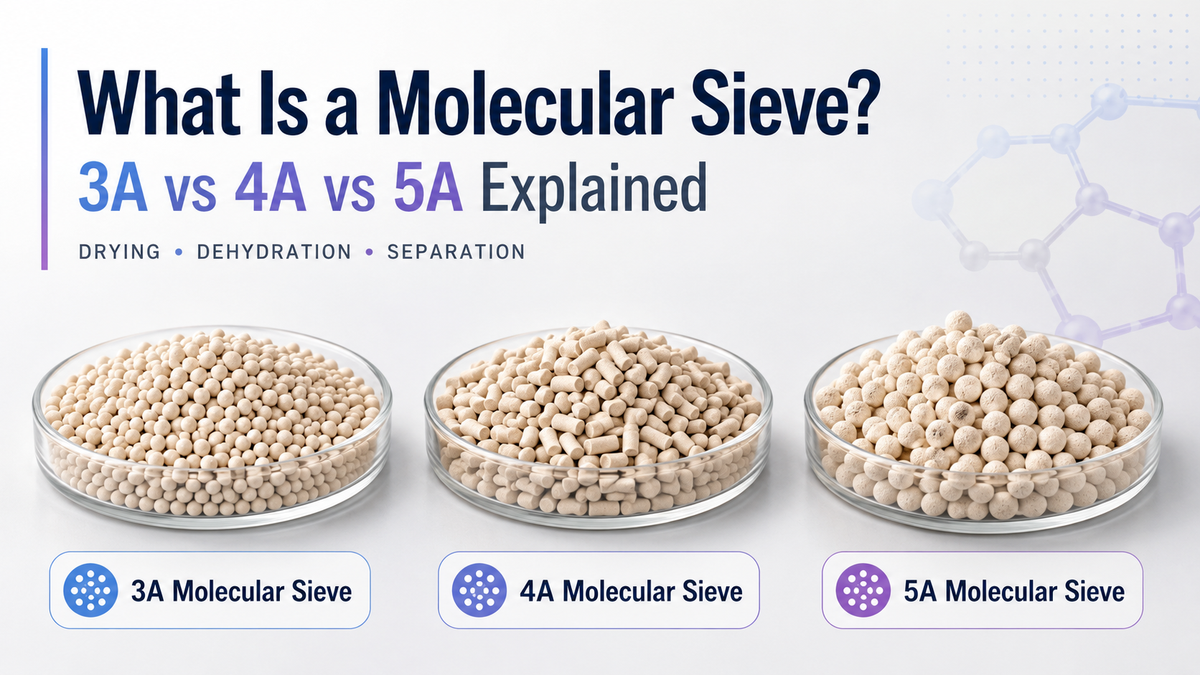 Hero image for molecular sieve blog showing 3A, 4A, and 5A molecular sieve forms used for drying, dehydration, and separation