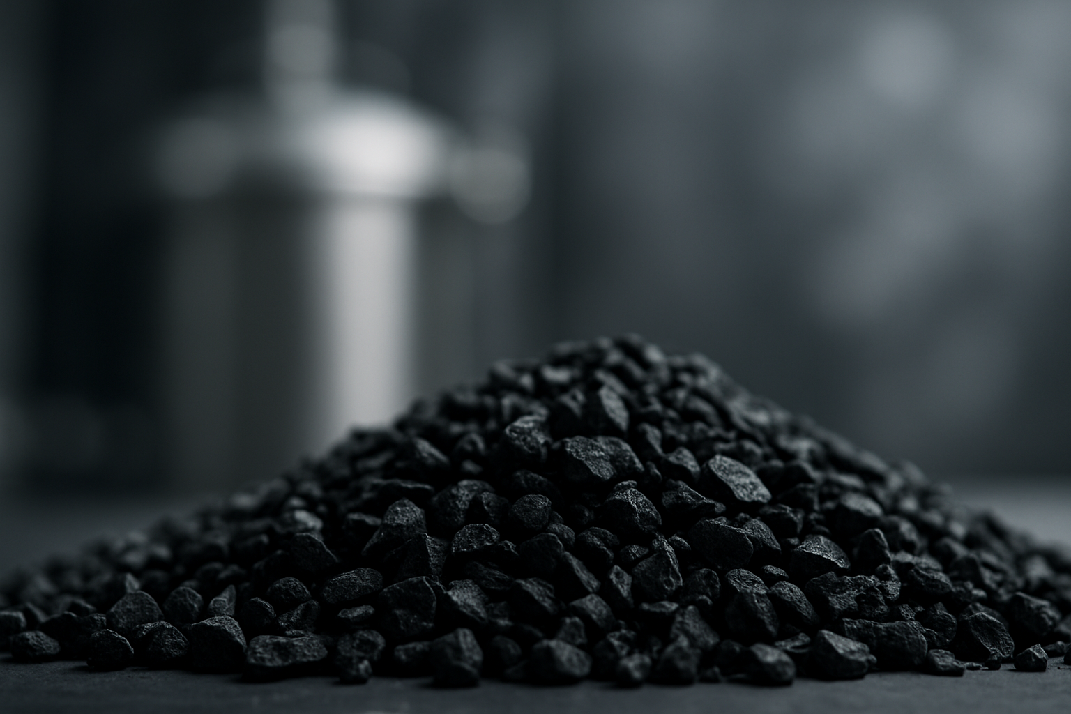 Close-up of activated carbon granules with a stainless industrial background