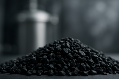 Close-up of activated carbon granules with a stainless industrial background