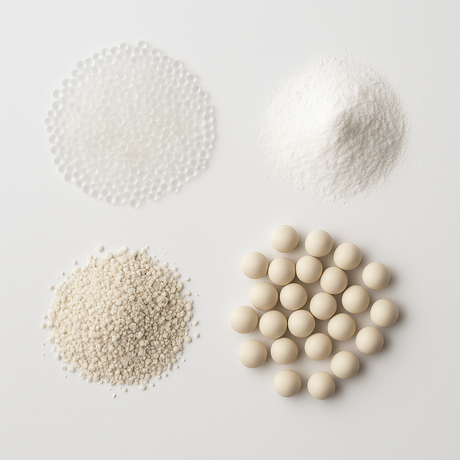 Flat lay of silica materials on a white background: translucent silica gel beads, fine white silica powder, and uniform spherical chromatography silica.