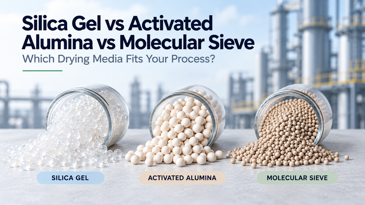 Silica gel, activated alumina, and molecular sieve drying media shown side by side against an industrial processing background.