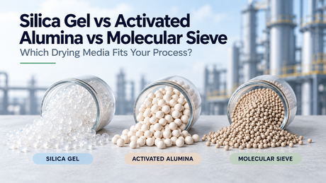 Silica gel, activated alumina, and molecular sieve drying media shown side by side against an industrial processing background.