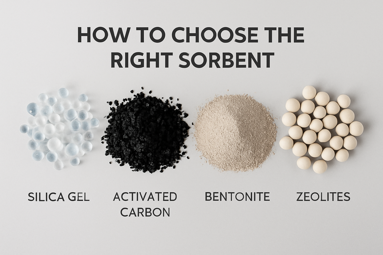 Close-up of various industrial sorbents including powdered clay, granular activated carbon, silica gel beads, and zeolite beads arranged on a neutral background