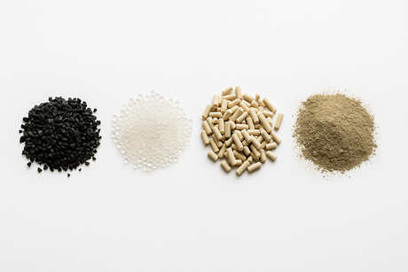 Flat lay of four sorbent materials on a white background: black activated carbon granules, translucent silica gel beads, beige activated alumina pellets, and tan bentonite clay powder.