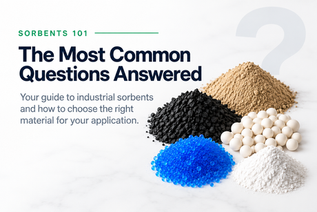 Sorbents 101 hero showing activated carbon, clay, molecular sieve beads and white mineral media beside a guide to common industrial sorbent questions.