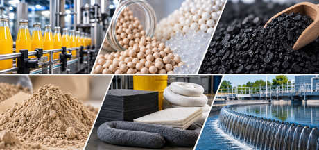 Industrial collage showing beverage processing, molecular sieve beads, activated carbon, clay media, spill-control absorbents and process water treatment.
