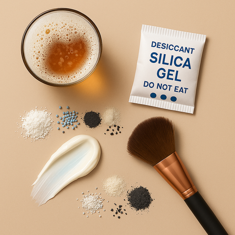 Flat lay with a beer glass, silica gel packet, toothpaste smear, and cosmetic brush—representing sorbents across beverage, packaging, and personal care.