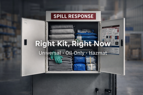 Spill response kits stacked in warehouse—universal, oil-only, and hazmat - ready to ship.”