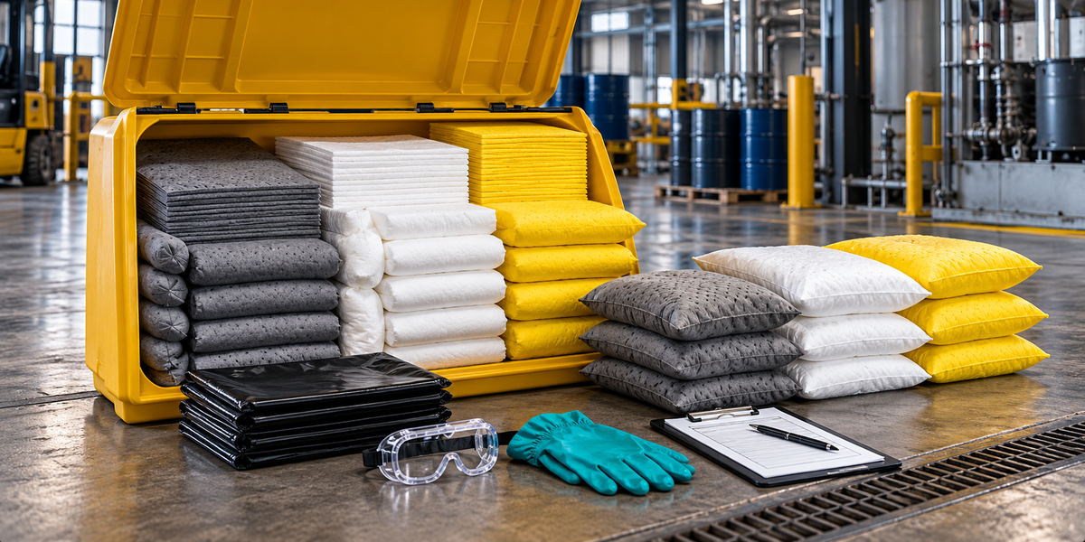 industrial spill kit inspection with absorbent pads, socks, PPE and restocking checklist in a warehouse
