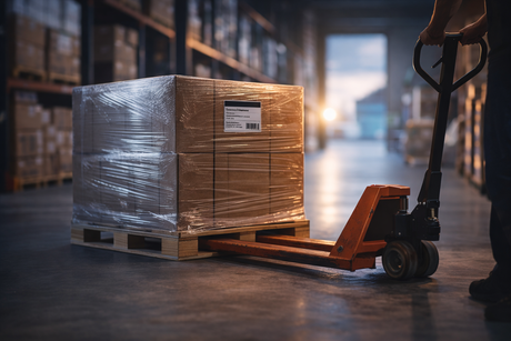 Warehouse aisle at dawn with a pallet jack pulling a shrink-wrapped pallet; shallow depth of field and soft light suggest forward momentum in supply operations.