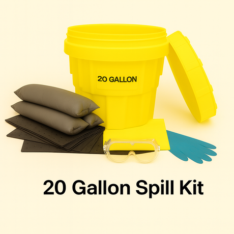 20 Gallon spill kit with absorbent pads, socks, gloves and goggles on a beige background.