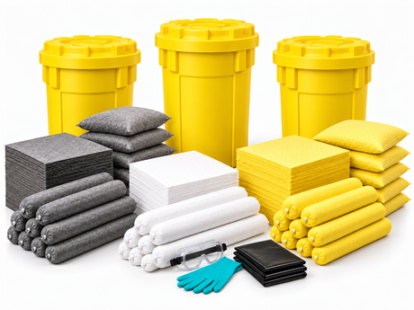 30 gallon overpack spill kit collection with gray universal, white oil-only, and yellow Hazmat absorbents for industrial spill response.