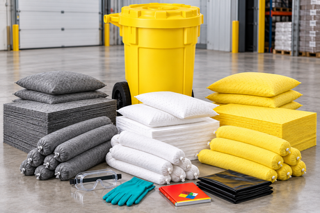 50 gallon wheeled spill kit with gray universal, white oil-only, and yellow Hazmat absorbents for industrial spill response.