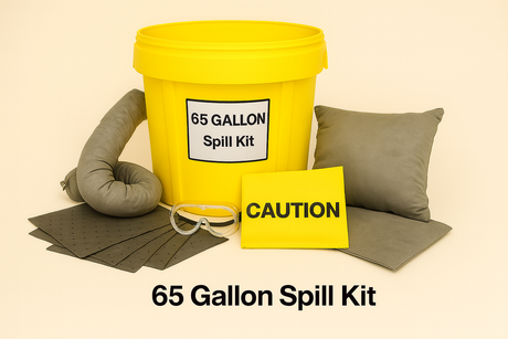 65 Gallon Spill Kit with Absorbent pads, socks, pillow goggles and gloves on a beige background. 