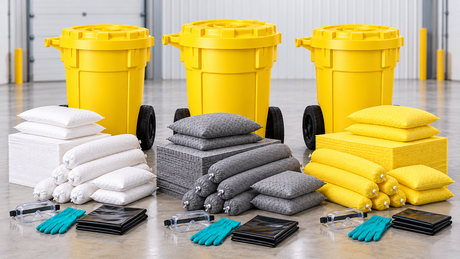 95 gallon wheeled spill kit with gray universal, white oil-only, and yellow Hazmat absorbents for industrial spill response.
