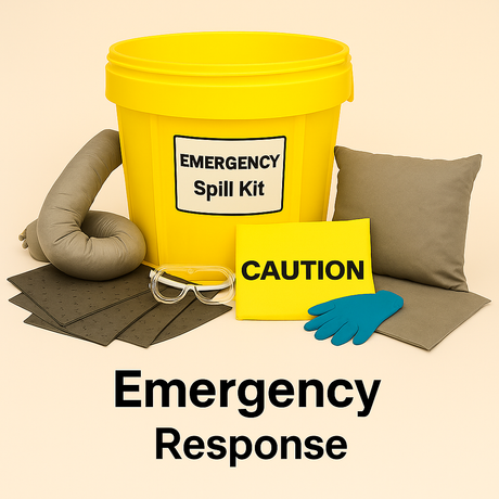 Emergency response spill kit with gloves, goggles, absorbent pads, socks and pillows on a beige background. 