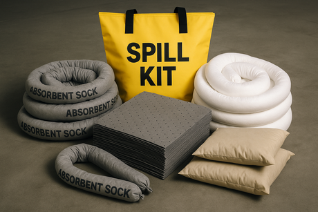 Yellow spill kit surrounded by industrial absorbent socks, booms, and pads for spill control in manufacturing and maintenance settings