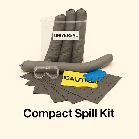 Compact spill kit with absorbent pads,socks, googles and gloves on a beige background. 