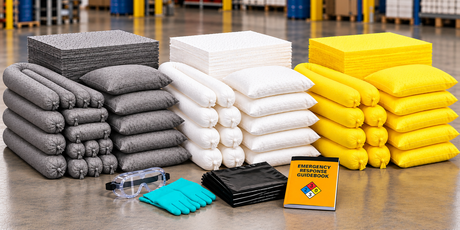 spill kit refills with gray universal, white oil-only, and yellow Hazmat absorbents, plus gloves, goggles, disposal bags, and emergency response guidebook.