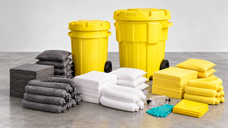50 and 95 gallon wheeled spill kits with gray universal, white oil-only, and yellow Hazmat absorbents for industrial spill response.