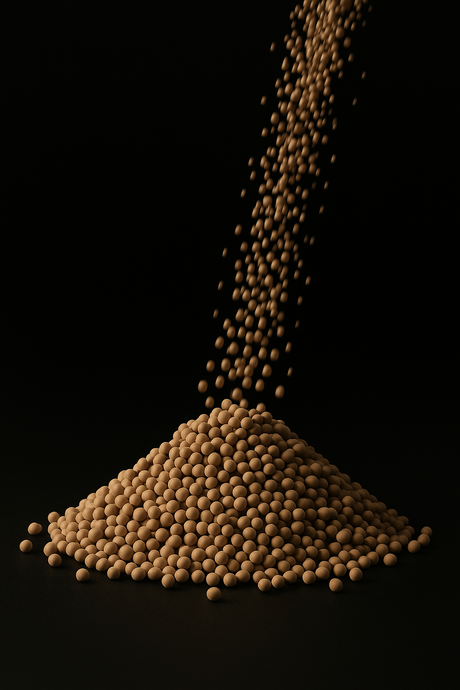 Tan zeolite beads being poured into a pile on a dark background