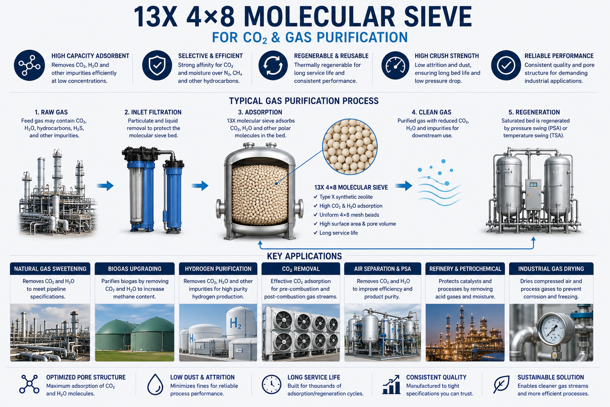 13X 4x8 molecular sieve applications for CO2 removal, natural gas purification, biogas upgrading, hydrogen purification, PSA air separation, and industrial gas drying.