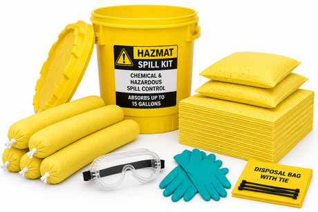 20 gallon Hazmat spill kit with yellow chemical absorbents, PPE and UN-approved screw-top salvage drum