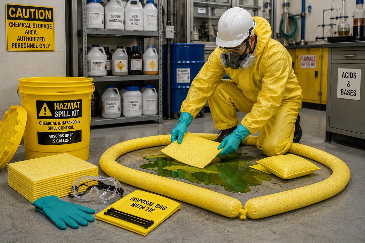 20 gallon Hazmat spill kit deployed for hazardous chemical spill response in an industrial facility