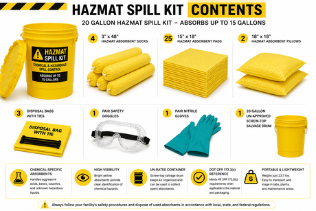 20 gallon Hazmat spill kit contents including chemical absorbent pads, socks, pillows, PPE, disposal bags and salvage drum