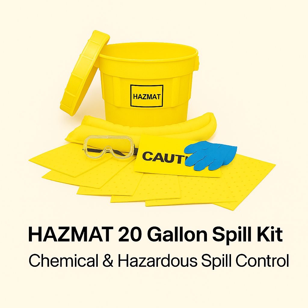HAZMAT 20 Gallon Spill Kit with yellow bucket, gloves, goggles, and cloths on a beige background.