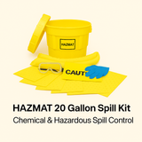 HAZMAT 20 Gallon Spill Kit with yellow bucket, gloves, goggles, and cloths on a beige background.