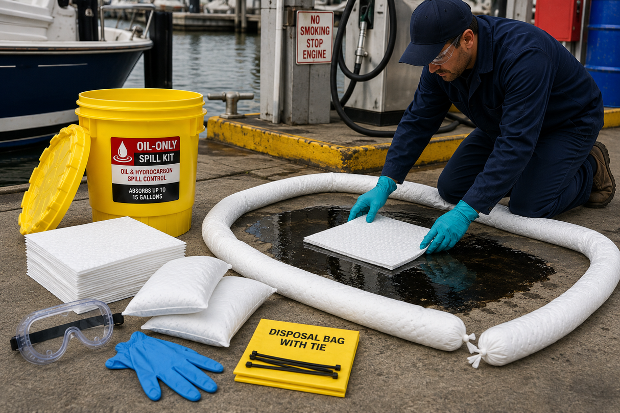 20 gallon oil-only spill kit for petroleum and hydrocarbon spill response at an industrial dock and marine facility