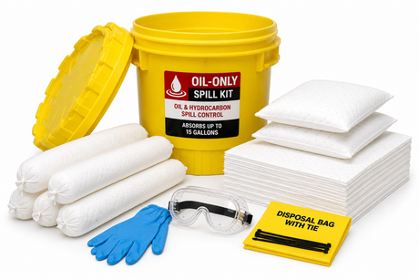 20 gallon oil-only spill kit with white absorbent pads, socks, pillows, PPE, and yellow UN-approved salvage drum
