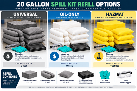 20 gallon spill kit refill selection guide comparing Universal, Oil-Only, and Hazmat absorbents, refill contents, and spill applications.