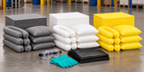 20 gallon spill kit refill with gray universal, white oil-only, and yellow Hazmat absorbents, plus gloves, goggles, and disposal bags.