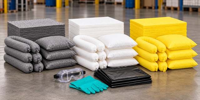 20 gallon spill kit refill with gray universal, white oil-only, and yellow Hazmat absorbents, plus gloves, goggles, and disposal bags.