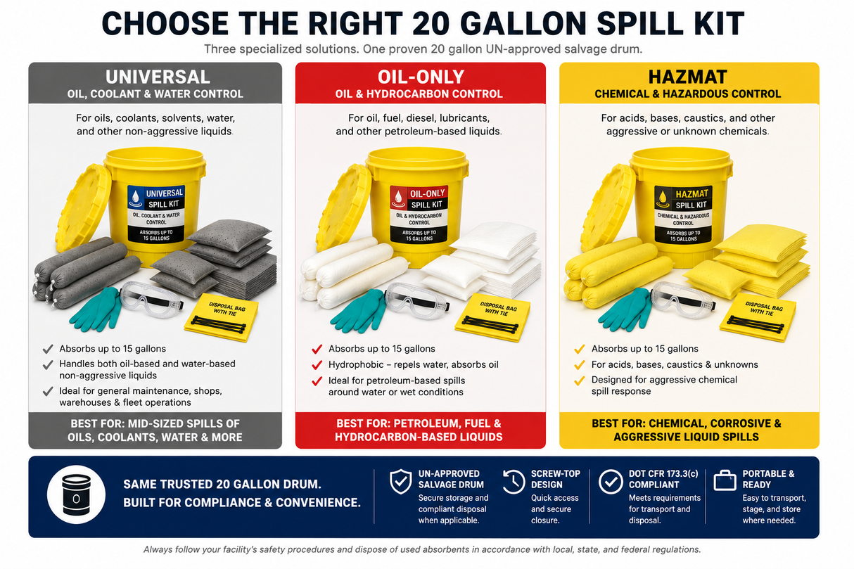 Comparison of Universal, Oil-Only and Hazmat 20 gallon spill kits for selecting the correct absorbent type