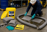 20 gallon universal spill kit staged in an industrial facility for oil, coolant, water and general maintenance spill response