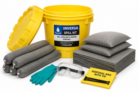 20 gallon universal spill kit with absorbent pads, socks, pillows and PPE for oil, coolant and water spills