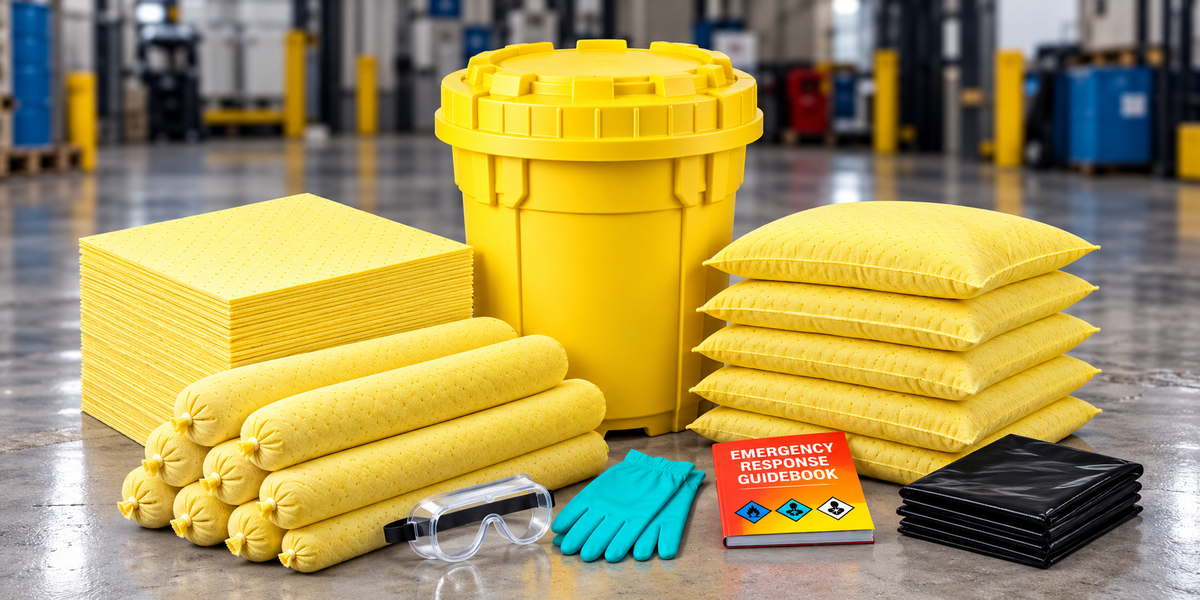 30 gallon Hazmat overpack spill kit with yellow chemical absorbent pads, socks, pillows, gloves, goggles, disposal bags and emergency response guidebook.