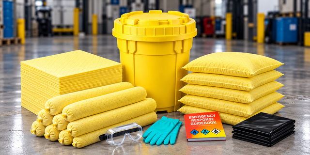 30 gallon Hazmat overpack spill kit with yellow chemical absorbent pads, socks, pillows, gloves, goggles, disposal bags and emergency response guidebook.