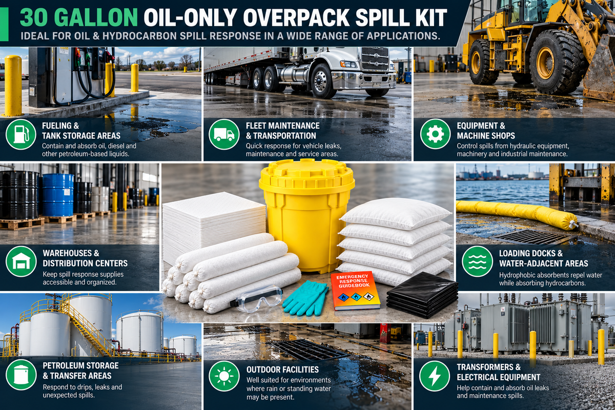 30 gallon oil-only overpack spill kit shown for fueling areas, fleet maintenance, machine shops, warehouses, loading docks, petroleum storage, outdoor facilities, and electrical equipment.