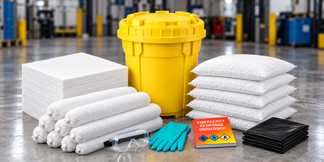 30 gallon oil-only overpack spill kit with white absorbent pads, socks, pillows, gloves, goggles, disposal bags and emergency response guidebook.