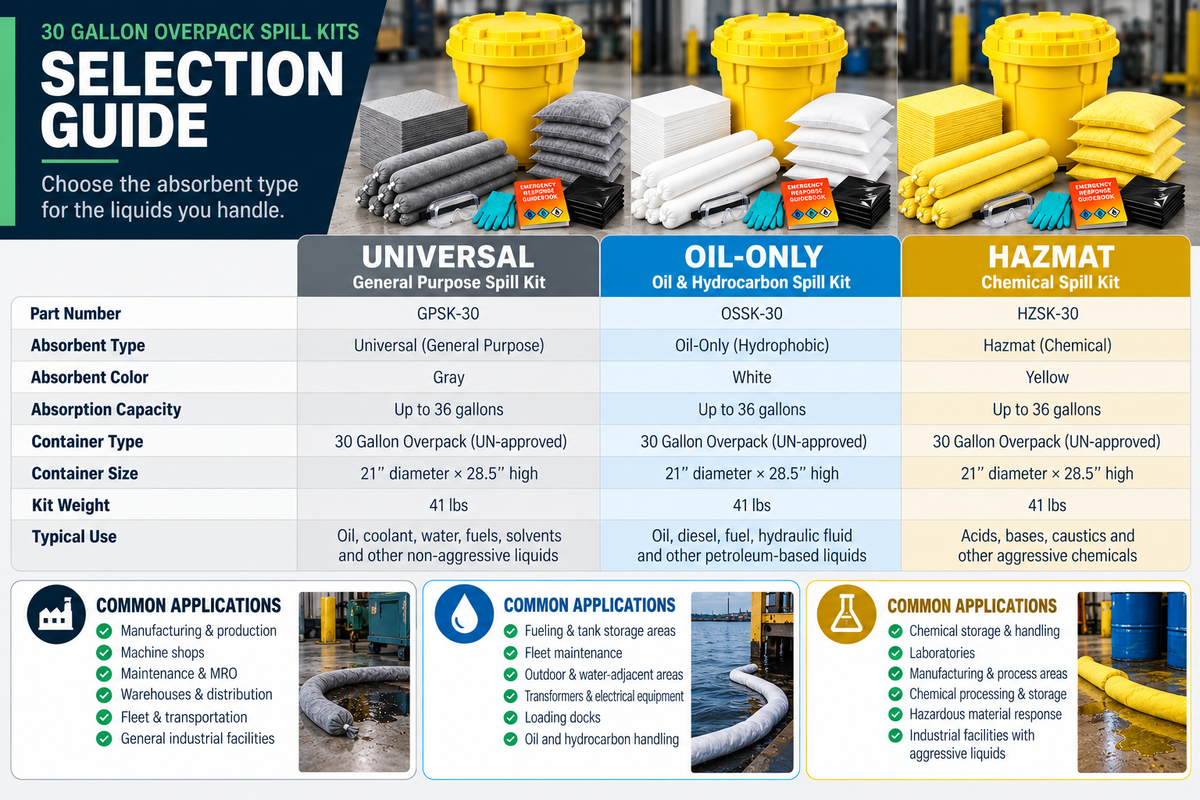 30 gallon overpack spill kit selection guide comparing Universal, Oil-Only, and Hazmat absorbents, applications, capacity, and container specifications.