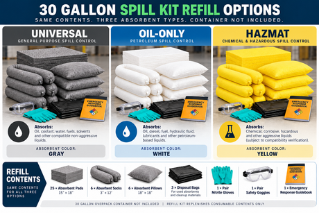 30 gallon spill kit refill selection guide comparing Universal, Oil-Only, and Hazmat absorbents, refill contents, and compatible spill applications.