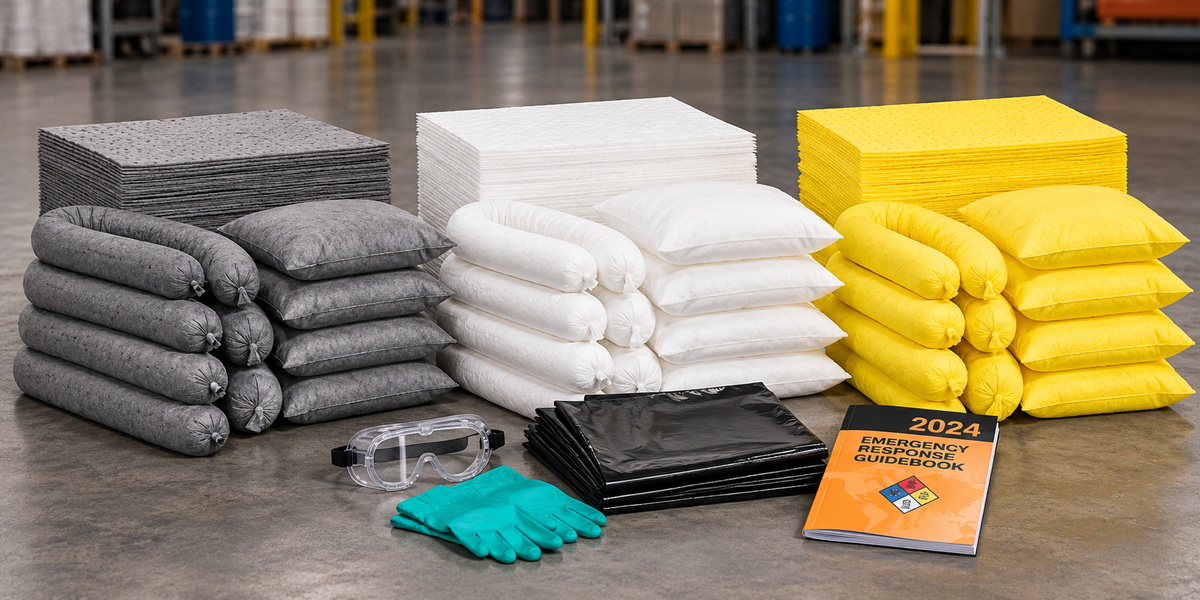 30 gallon spill kit refill with gray universal, white oil-only, and yellow Hazmat absorbents, plus gloves, goggles, disposal bags, and emergency response guidebook.