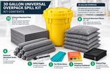 30 gallon universal overpack spill kit with gray absorbent pads, socks, pillows, gloves, goggles, disposal bags and emergency response guidebook,