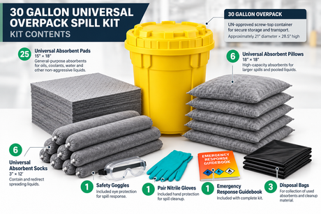 30 gallon universal overpack spill kit with gray absorbent pads, socks, pillows, gloves, goggles, disposal bags and emergency response guidebook,