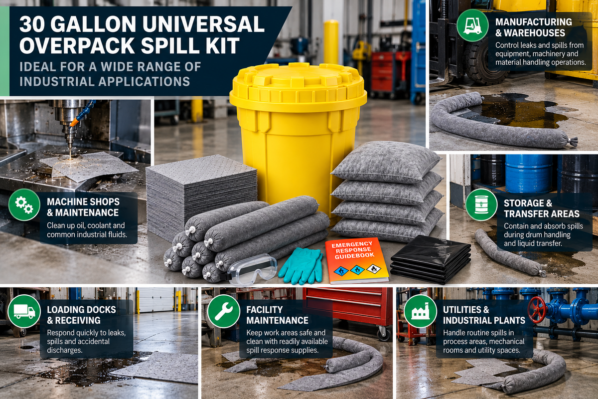 30 gallon universal overpack spill kit shown for manufacturing, machine shops, maintenance, storage, loading docks, utilities and industrial spill response.